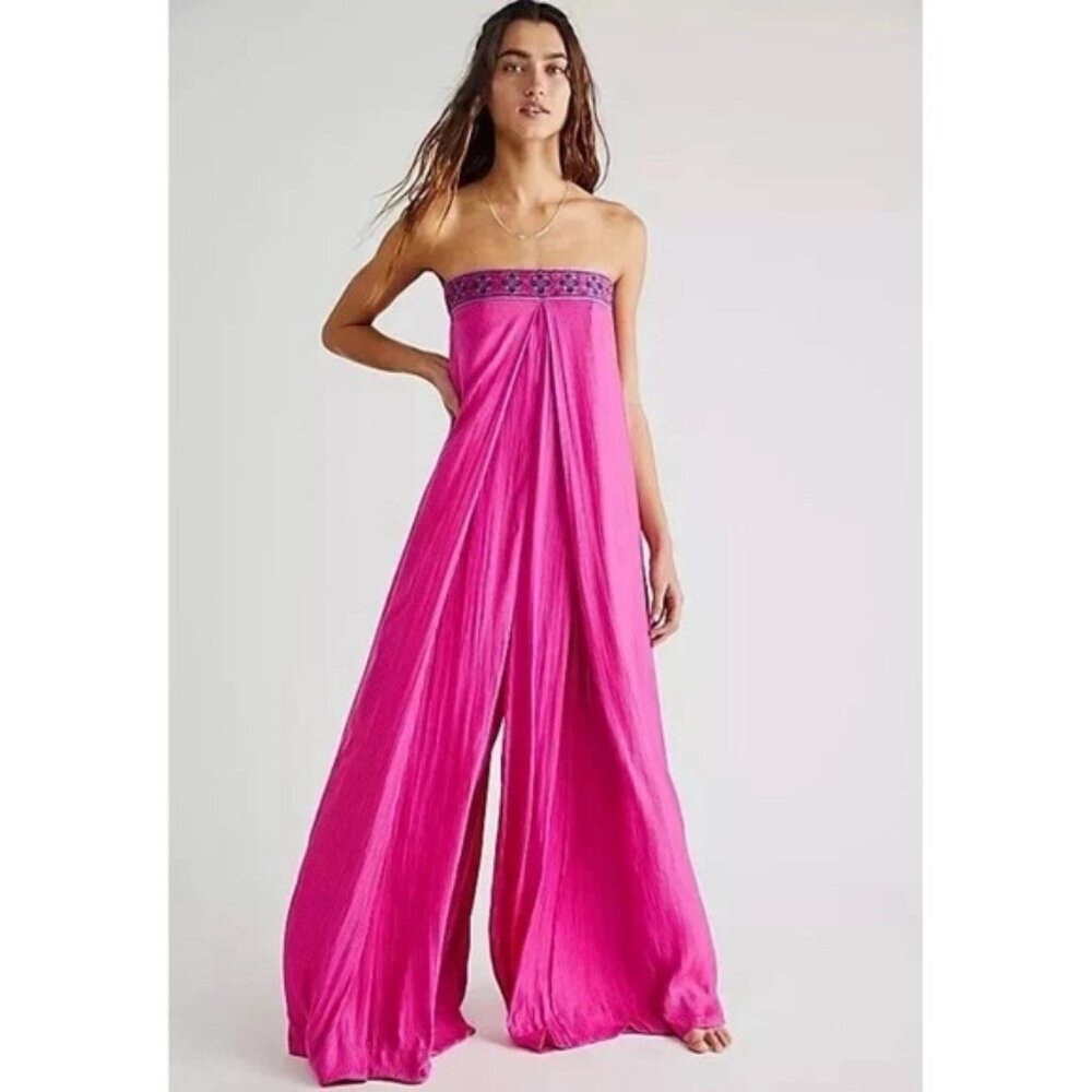 Free People Solid Serendipity MEDIUM Strapless‎ Embroidered Wide Leg Jumpsuit